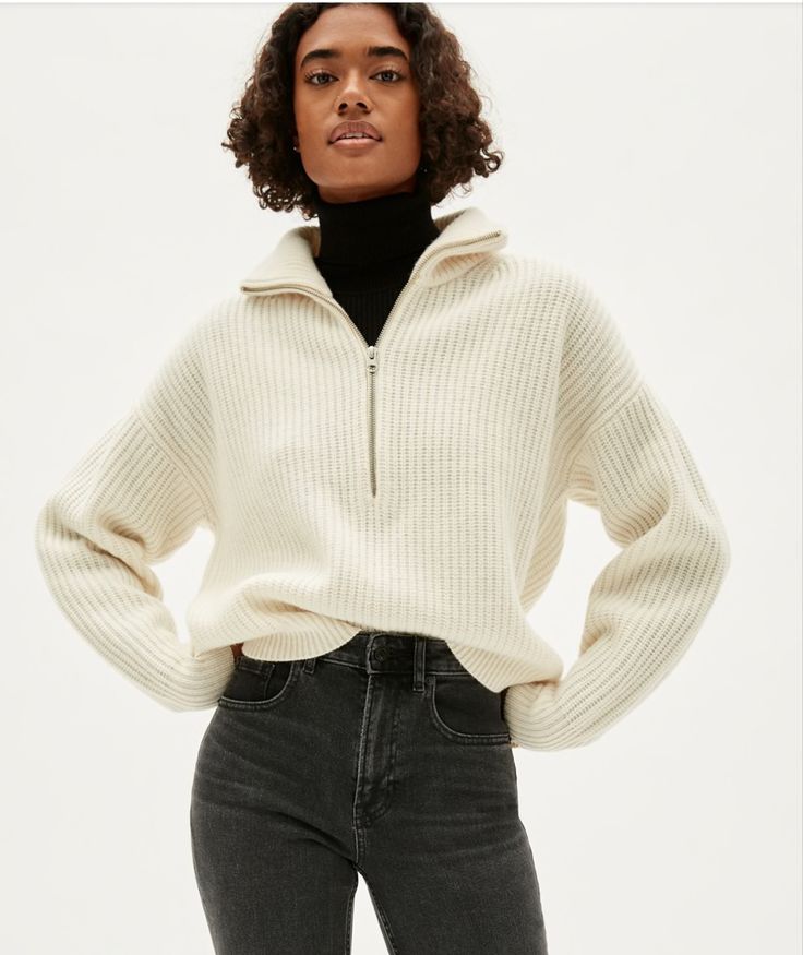 everlane White Half Zip Pullover Outfit, White Quarter Zip Outfit, Quarterzip Outfits, Quarter Zip Pullover Outfit, Zipper Sweater Outfit, Quarter Zip Sweater Outfit, Half Zip Sweater Outfit, Nancy Meyers Kitchen, Quarter Zip Outfit