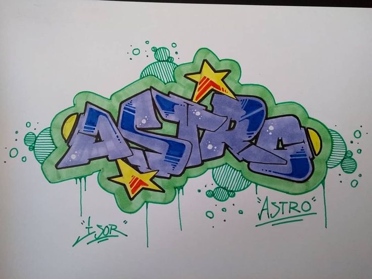 the word astra written in graffiti on a piece of paper with green and blue ink