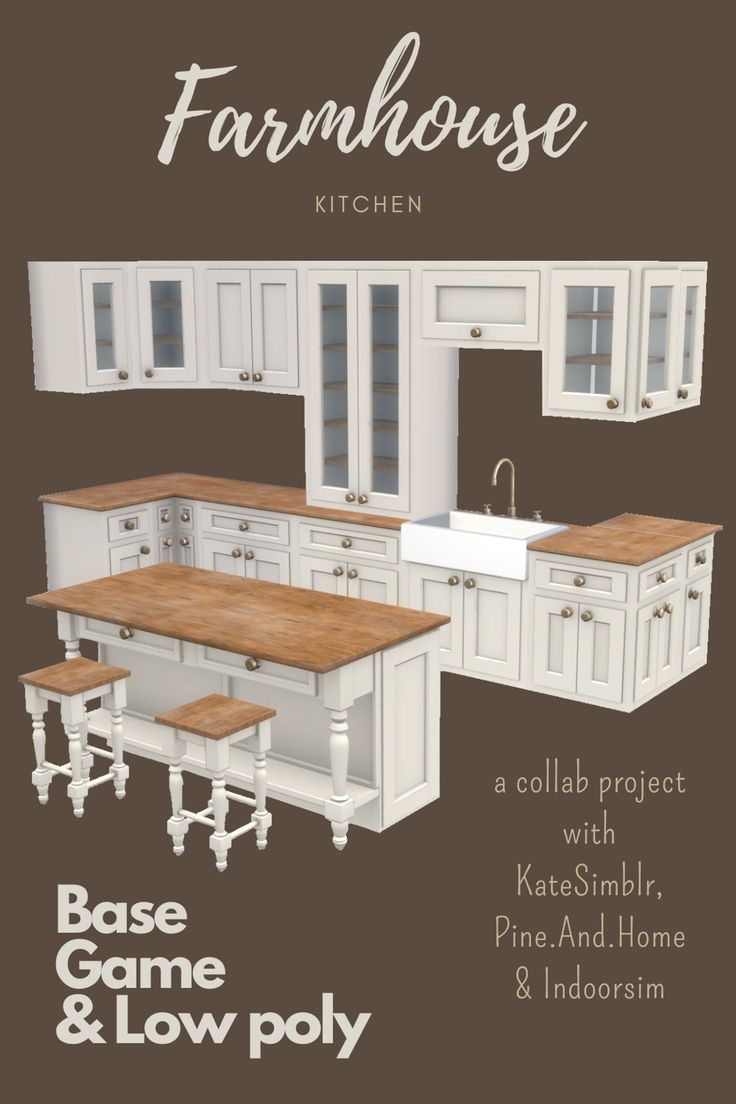 an advertisement for a kitchen with white cabinets and wood counter tops, featuring the words farmhouse