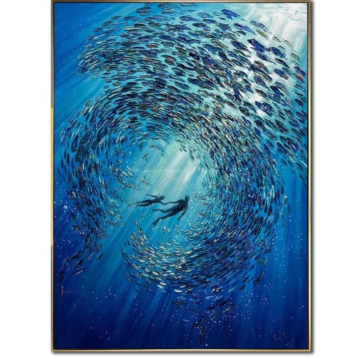 a painting of a man swimming in the ocean surrounded by school of fish under water