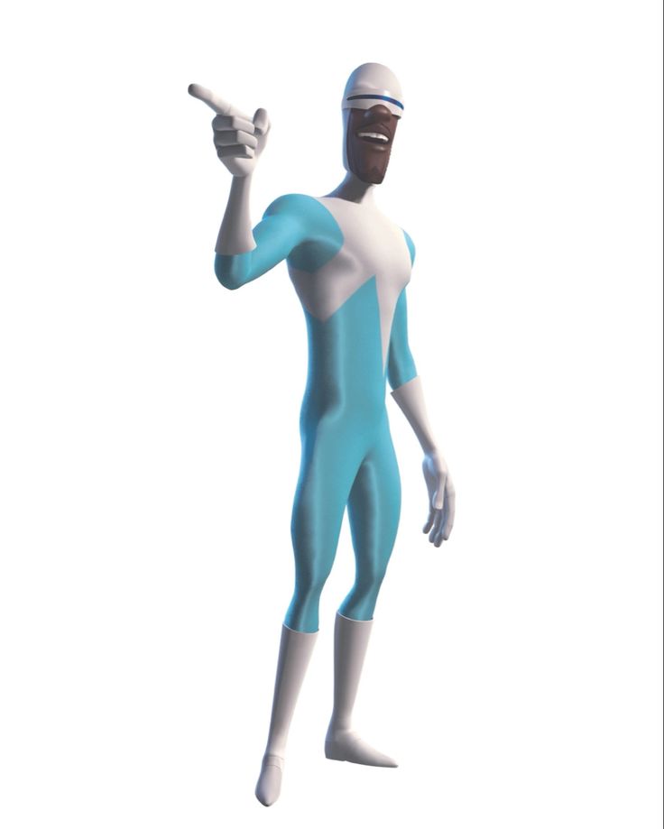 a man in a blue and white body suit pointing at something with his finger up