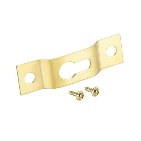 two brass plated metal brackets with screws on each side, one is facing the other