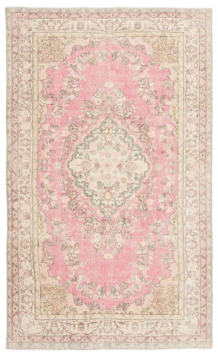 One-of-a-kind vintage rug, hand-knotted in Isparta, Turkey. 100% wool pile on cotton foundation. Dimensions: 5'6" x 9'4" (168 cm x 285 cm). Color palette: dark dusty rose pink, warm vanilla beige, sandstone, slate gray Rug Vintage, Rug Pink, Pink And White Rug, Vintage Colors Palette, Pink Vintage Room, Vintage Rug, Vintage Pink Rug, Persian Rug Pink, Pink Persian Rug