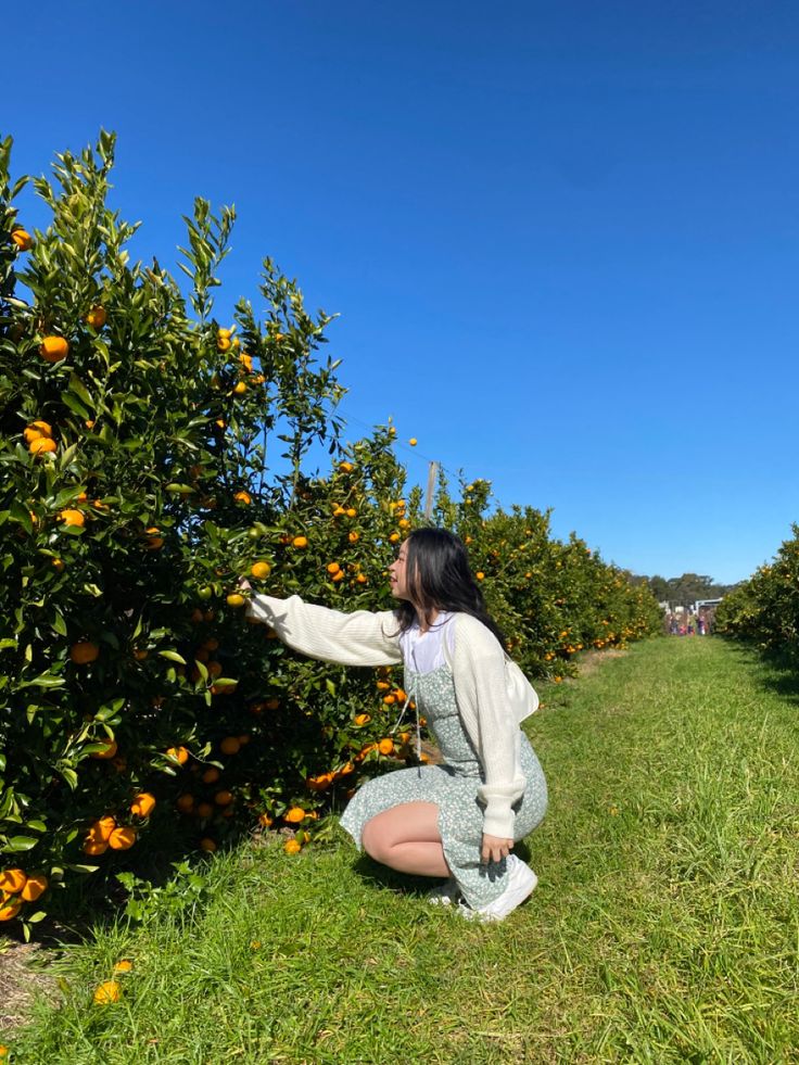 a woman kneeling down next to an orange tree