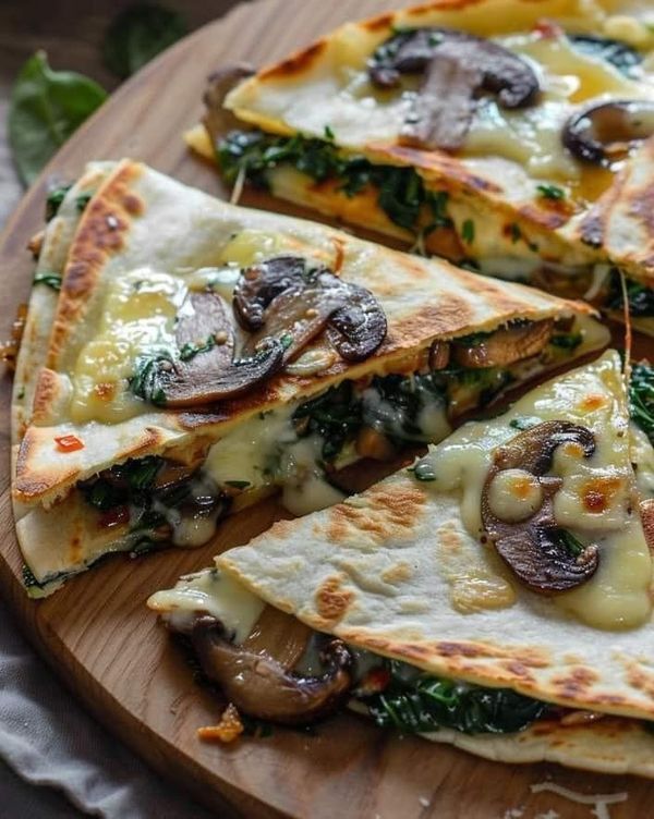 several slices of pizza on a cutting board with mushrooms and spinach in the middle