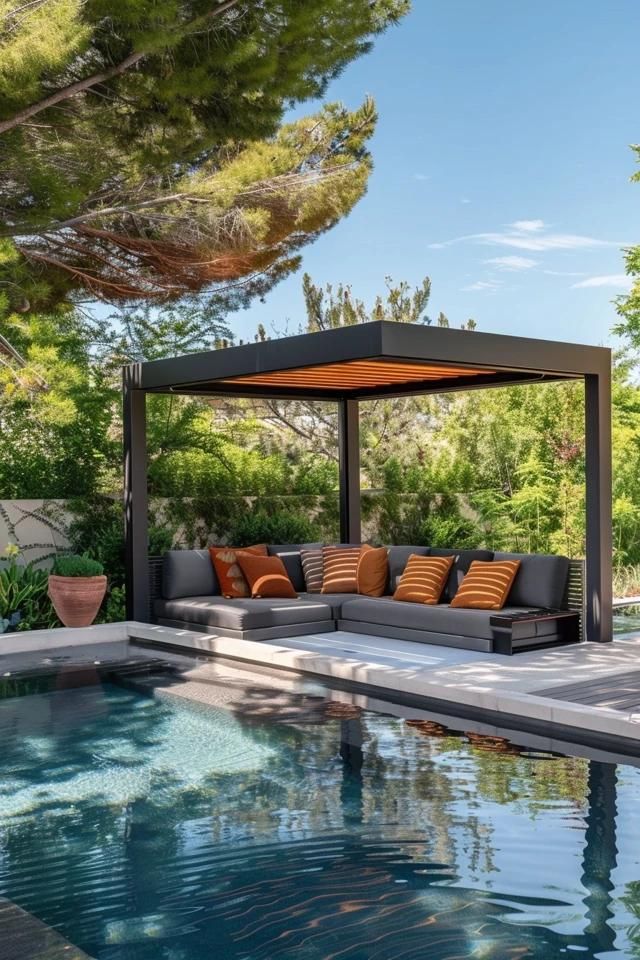 Modern Pool Gazebo Ideas for Stylish Backyards Small Pool Gazebo, Backyard Pool Gazebo, Outdoor Pool Pergola, Backyard Pool Cabana Ideas, Pool Gazebo Ideas, Backyard Pool Cabana, Pool Cabana Ideas, Pool Gazebo, Pool Pergola