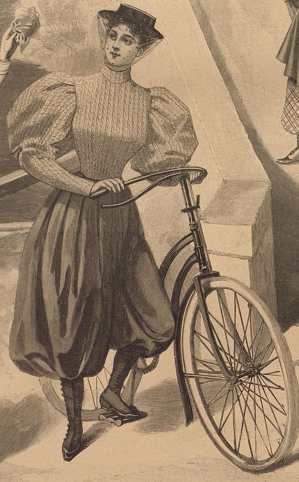 an old fashion illustration of a woman standing next to a bicycle and holding something in her hand