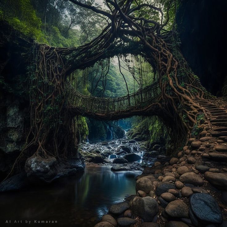 a bridge over a stream in the middle of a forest with trees growing on it