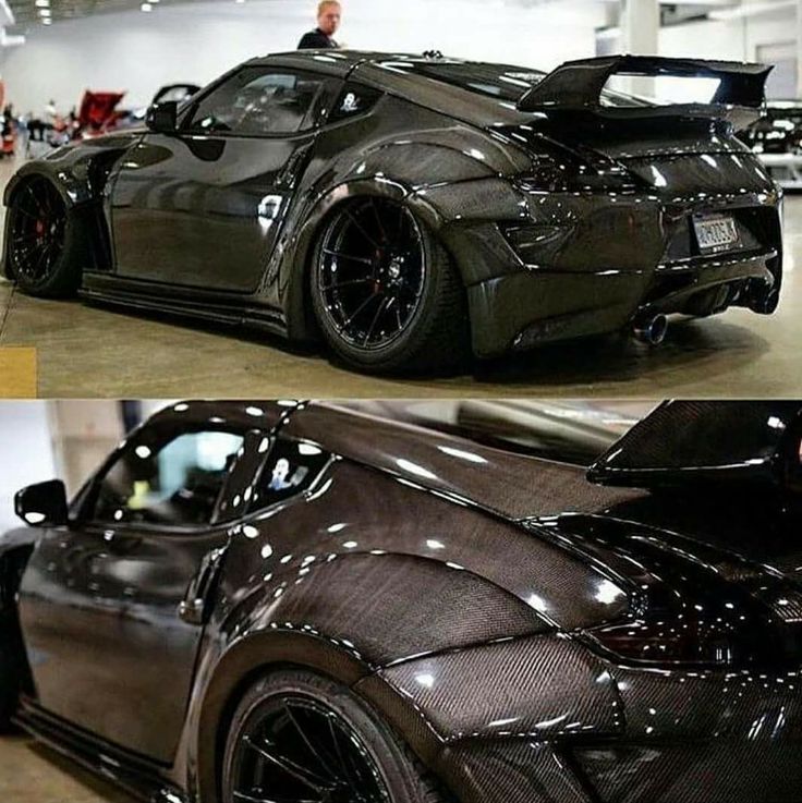 two pictures of the back and side of a black sports car with chrome paint job