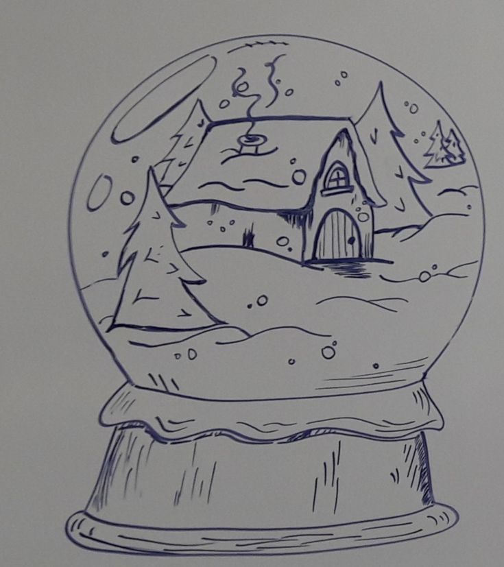 a drawing of a snow globe with a house in it