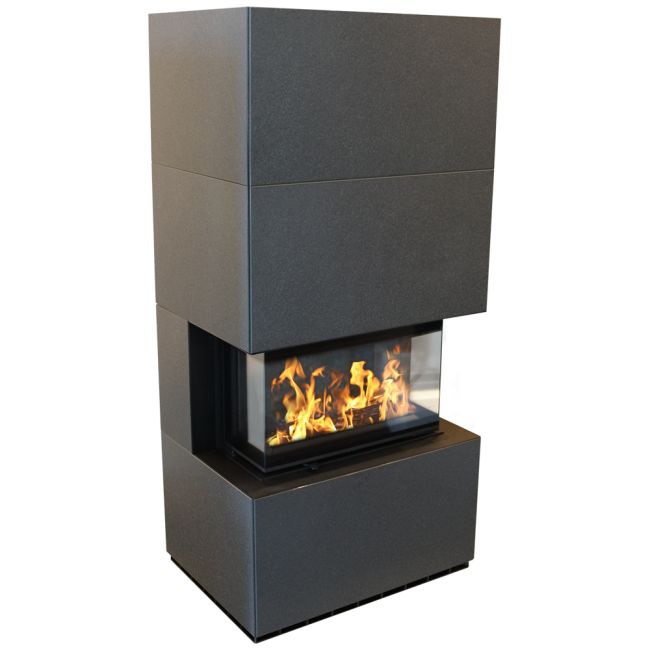 a black fire place sitting on top of a white floor