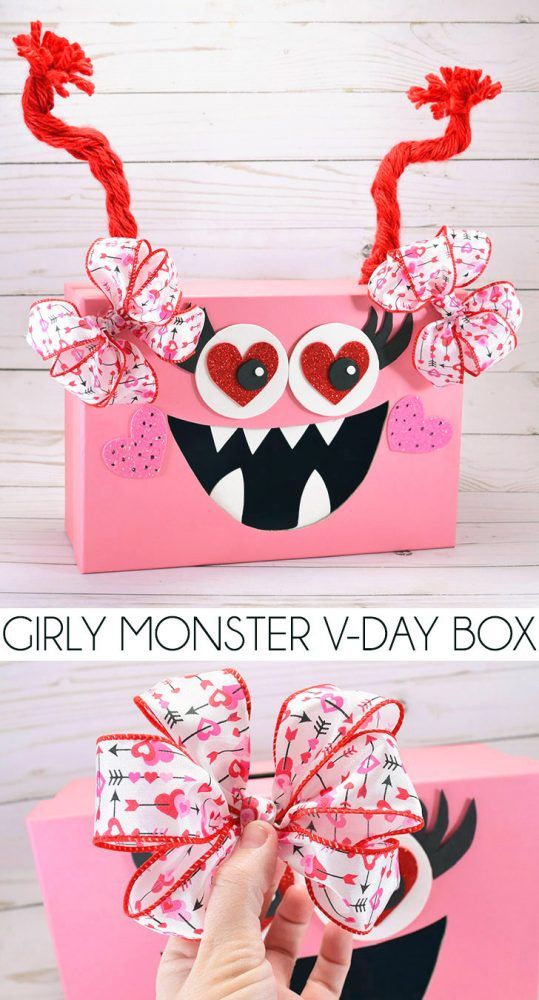 a pink box with red and white bows on it that says girly monster v - day box