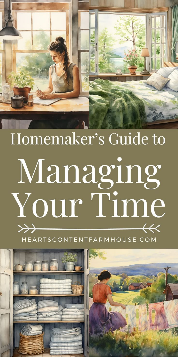 a woman sitting at a table in front of a window with the words, homemaker's guide to managing your time