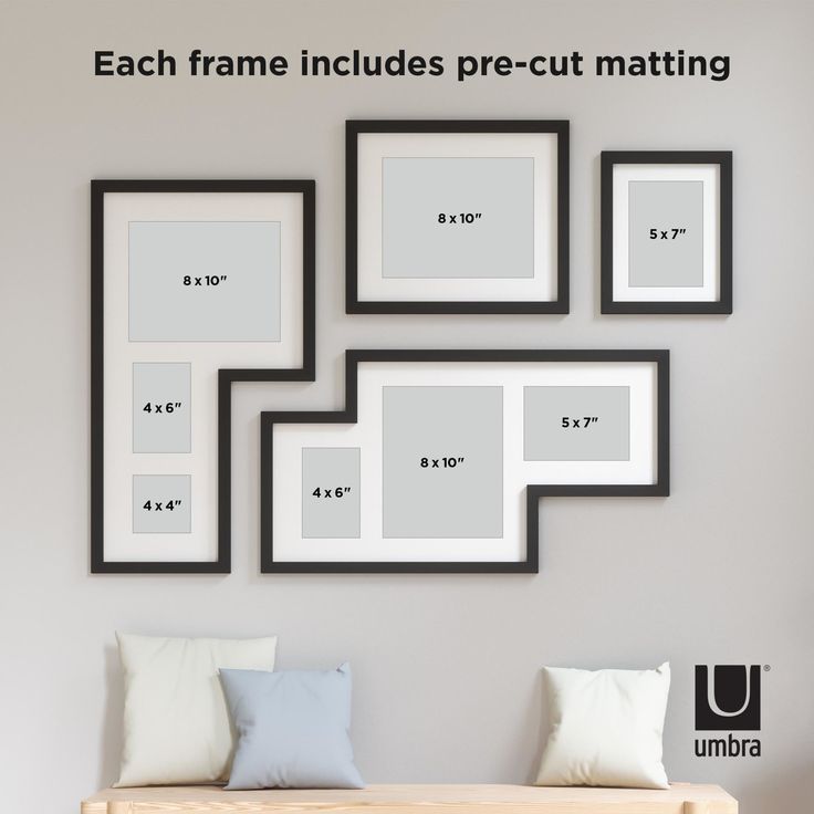 a wall with four frames hanging on it's side and the words each frame includes precut matting