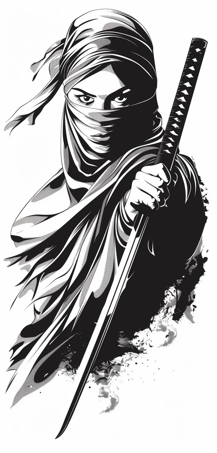 Samurai Woman Art, Ninja Tattoo Design, Female Samurai Tattoo, Ninja Tattoo, Ninja Japan, Geisha Samurai, Supporting Characters, Samurai Ninja, Female Samurai