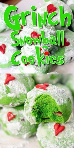 green snowball cookies with red hearts on them and the words grin's snowball co