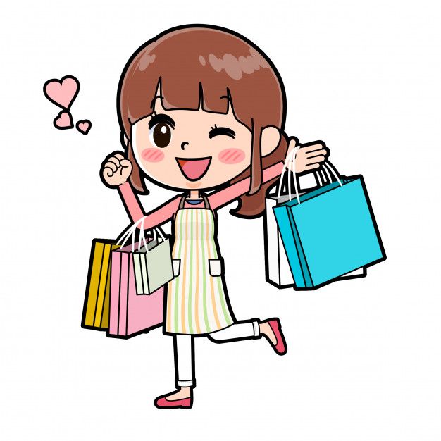 a cartoon girl carrying shopping bags and giving the peace sign with her hand while walking