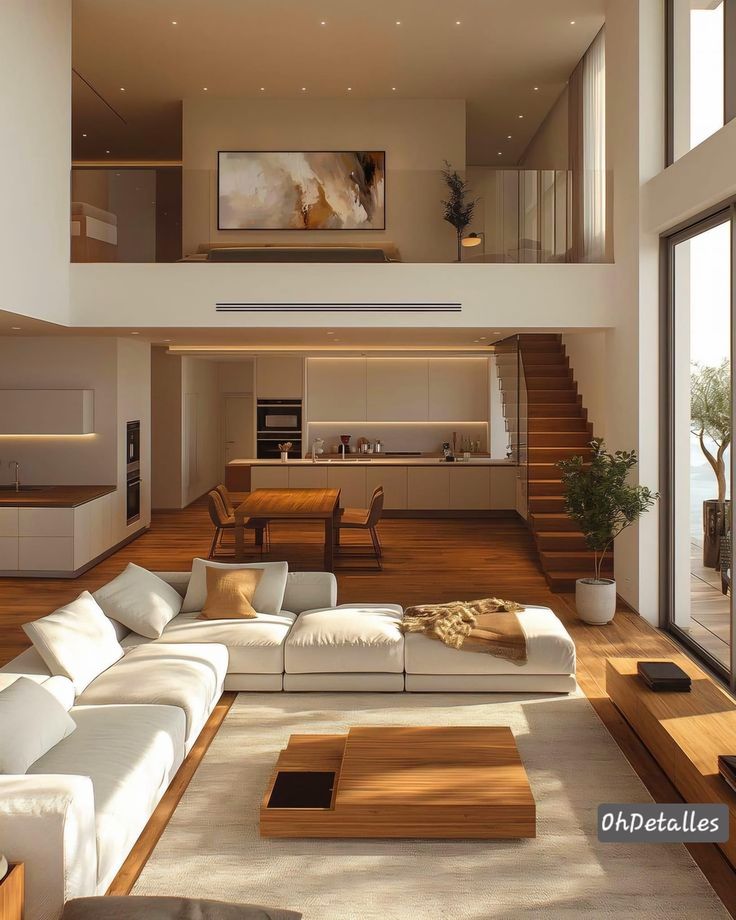 a living room filled with lots of furniture next to a large open floor plan area