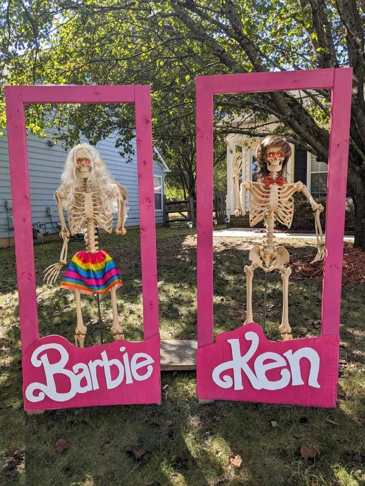 two fake skeletons dressed up in clothes and standing next to each other with the words barbie ken written on them