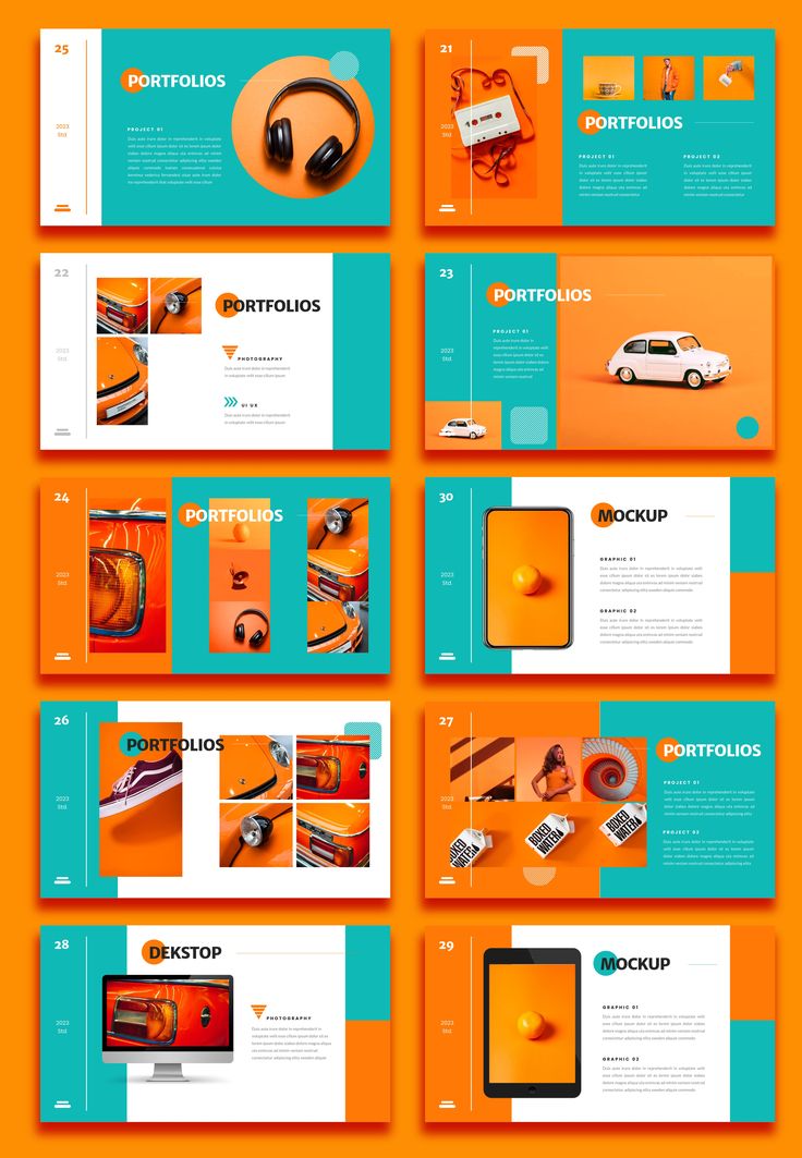 an orange and blue brochure with headphones on the front, side by side