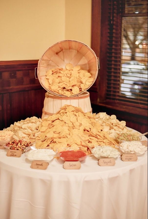 a table topped with lots of food on top of a white cloth covered round table