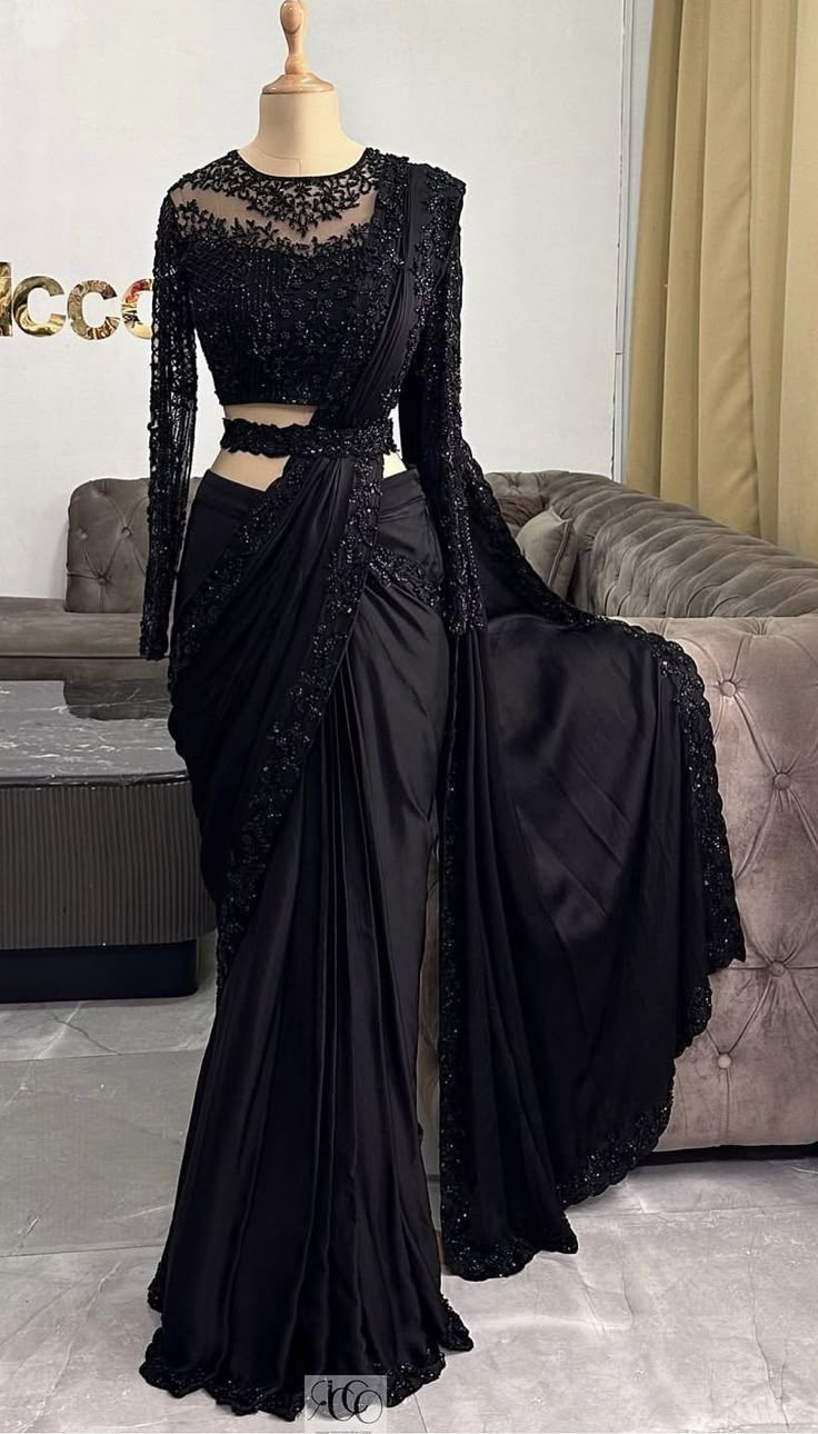 Black Saree Designs, Sequence Saree, Belt Blouse, Fancy Sarees Party Wear, Saree Designs Party Wear, Fancy Dresses Long, Black Saree, Sequence Work, Designer Dresses Casual