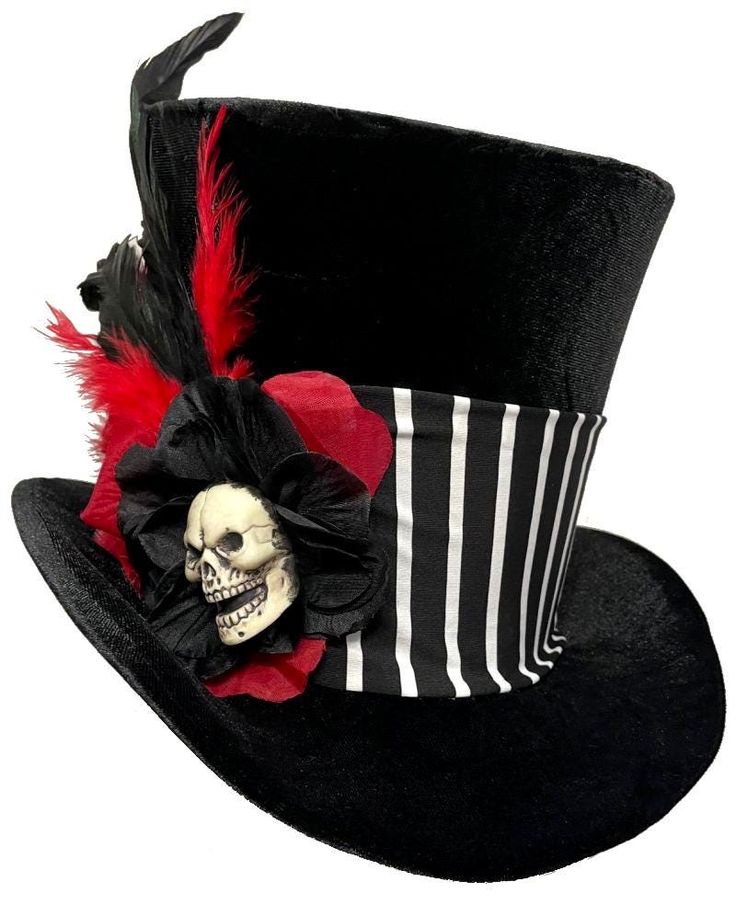 "Gothic Flair" Tall Gothic Steampunk Vampire Top Hat A one of a kind wearable art creation by Jenkitty This tall black velvet top hat is wrapped in a black and white striped band, and features a rose and skull centerpiece, with a flourish of feathers. Adult Medium - Inner circumference measures about 22, about 7" tall (Around 7 1/8 men's hat size) Hat has wire brim so it can be moldable to your taste. **Sometimes I can alter the hat to accommodate another size - It's worth asking to see if I can resize it if you need it in another size, as I might be able to do it Brand New Adjustable Gothic Top Hat For Halloween, Adjustable Gothic Top Hat For Costumes, Gothic Fitted Top Hat For Halloween, Gothic Adjustable Brimmed Top Hat, Horror Wedding, Black Velvet Top, Steampunk 4" Top Hat, Gothic Vampire, Red Skull