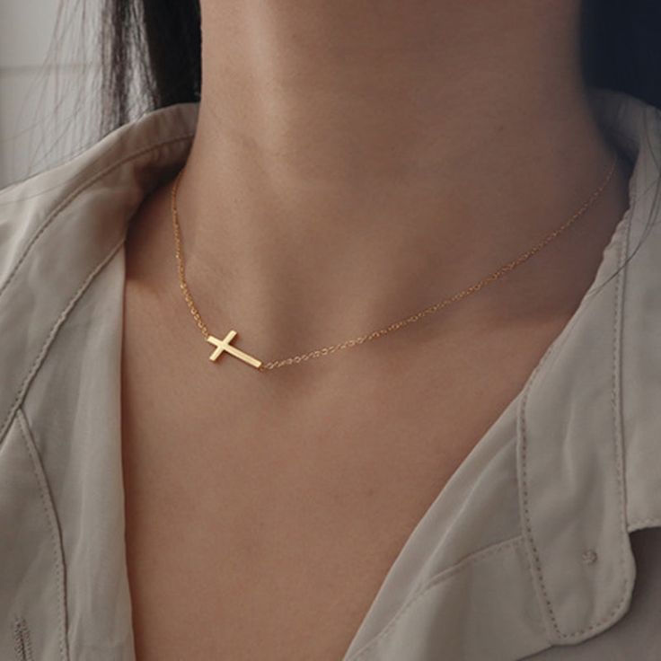 DAINTY CROSS NECKLACE - Katie Rae Collection Sideway Cross Necklace, Cross Necklace Choker, Side Cross Necklace, Good Cross Necklace, Cross Jewelry Aesthetic, Gold Cross Necklace Aesthetic, Cross Necklace Aesthetic, Cross Necklace Womens, Golden Cross Necklace