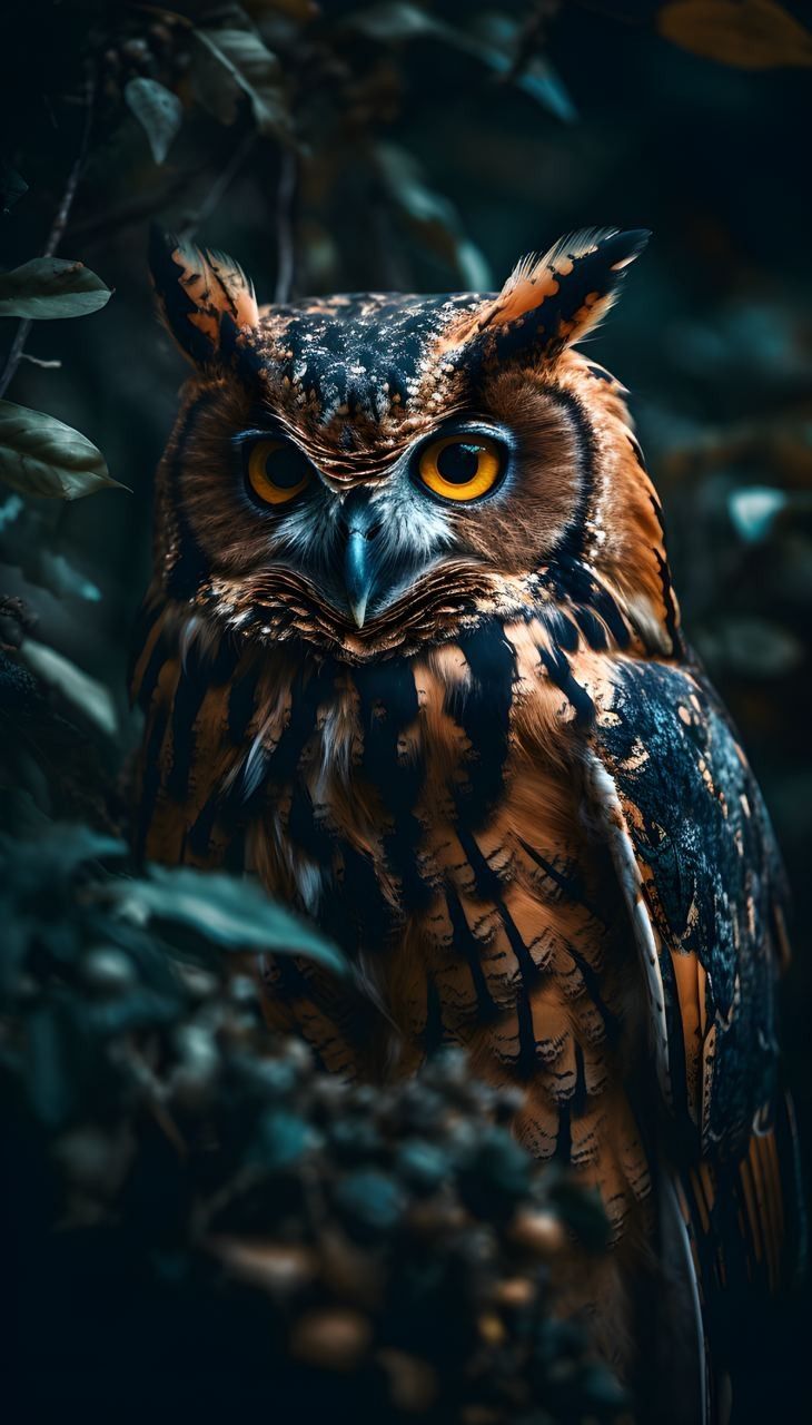 an owl sitting in the middle of some leaves