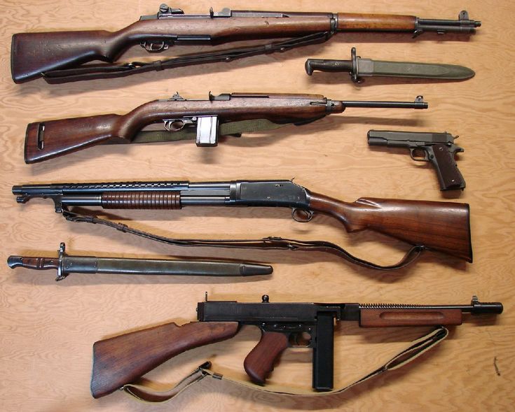 WWII collection: M1 Garand, M1 carbine, M1911, Winchester Model 1897, and Thompson submachine gun Garand M1, Dieselpunk, Bushcraft, Winchester, Vietnam