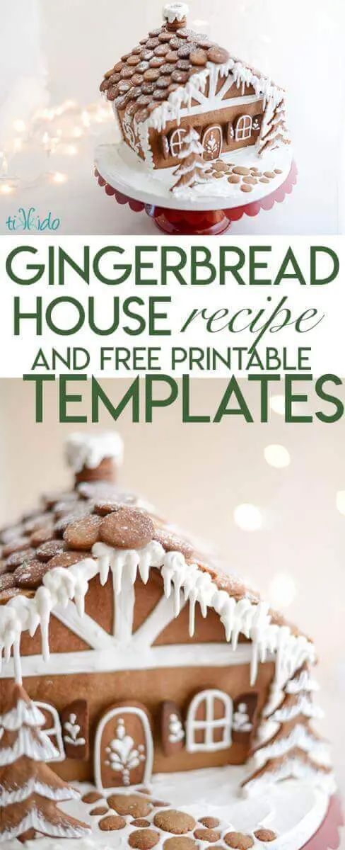 gingerbread house with icing and free printable templates on the front cover