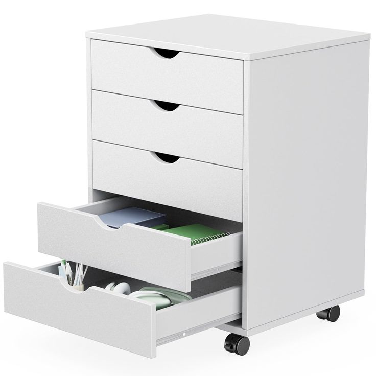 a white filing cabinet with two drawers and one drawer open on the bottom, revealing files