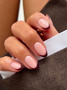 French Nail Designs Burgundy, Modern Manicure Ideas, Half French Half Full Nails, Unusual French Tip Nails, Summer Nail Ideas French Tips Almond, French Tip Nail Color, Minimal Autumn Nails, Fall Nails 2024 French Tip, November Nails Oval