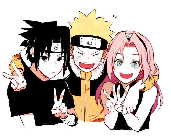 three anime characters posing for the camera with their fingers in the shape of two peace signs