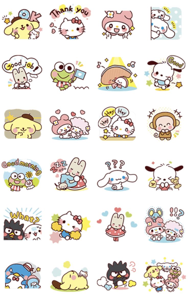 an assortment of cartoon stickers on a white background with the words hello kitty and other characters