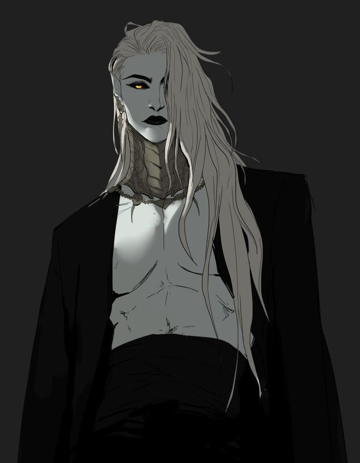 a woman with white hair and yellow eyes wearing a black suit, standing in the dark