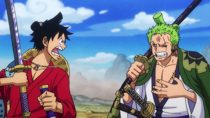 two anime characters one with green hair and the other holding swords in his hands, both looking at each other