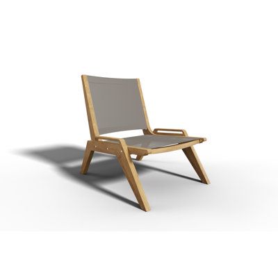 a chair that is made out of wood and grey fabric, on a white background