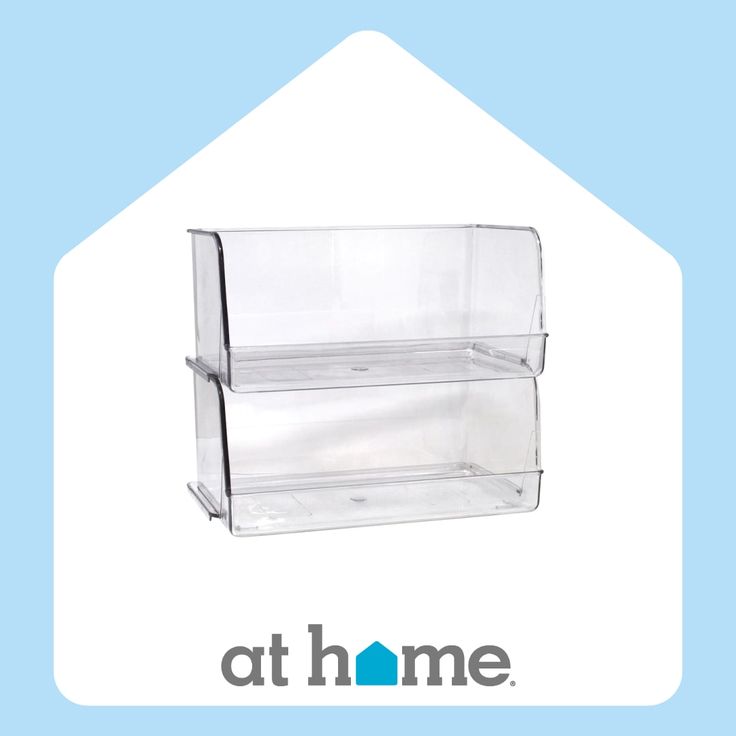 two tiered clear acrylic display case with blue background and at home logo