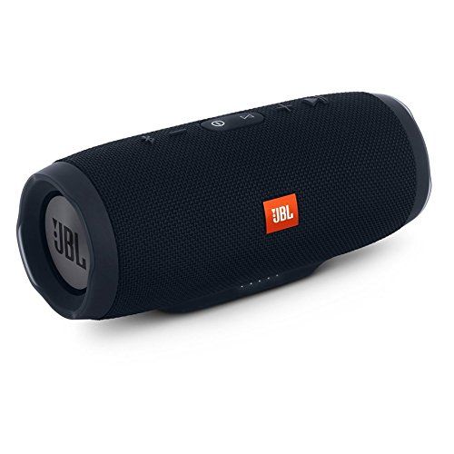 the jbl boom 3 portable bluetooth speaker has an orange and black logo on it