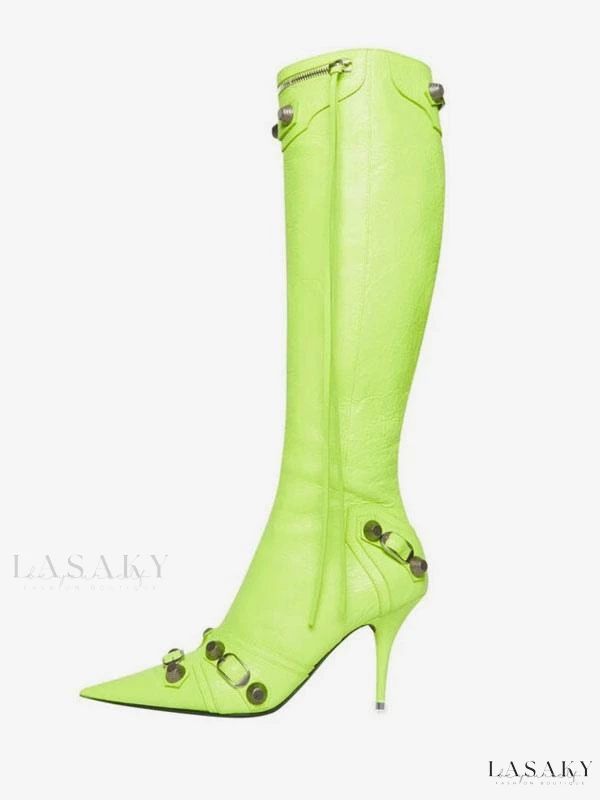 Lasaky - Timeless Elegance: Womens Knee High Boots with Pointed Toe, Stiletto Skinny Heels, Stud Accents, and Vintage Buckle Detailing Fitted Summer Boots With Pointed Toe, Elegant Green Boots For Party, Designer Fitted Boots For Spring, Chic Green Summer Boots, Elegant Fitted Green Boots, Green Boots For Evening In Spring, Green Evening Boots For Spring, Short Sleeve Bridesmaid Dress, Pu Boots