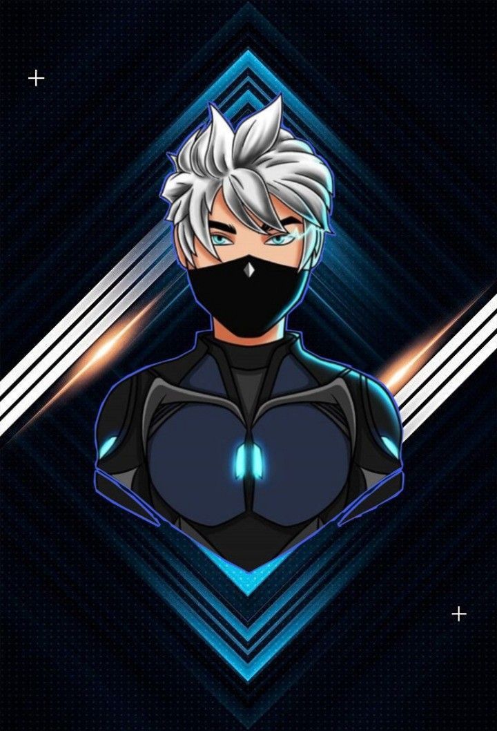 an anime character with white hair wearing a black mask and blue leather outfit, standing in front of a dark background