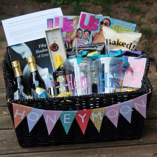 a basket filled with personal care items on top of a wooden table