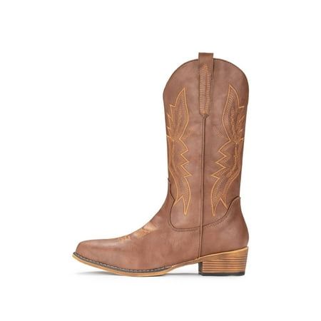 IUV's Western Boot for Women is attractive footwear that features the traditional western appeal with synthetic leathers. Designed with a vintage faux leather upper and western stitching on the vamp and shaft for a fashionable look that women will be excited to add to their wardrobe. These cowgirl boots are made with comfort and durability in mind for those long, tough, outdoor tasks. . Size: 6.5.  Color: Brown.  Gender: female.  Age Group: adult. Women Western Boots, Tall Western Boot, Cowboy Boots For Women, Pointy Toe Boots, Boots Cowgirl, Boot Pulls, Western Boots Women, Chunky Heels Boots, Black Heel Boots