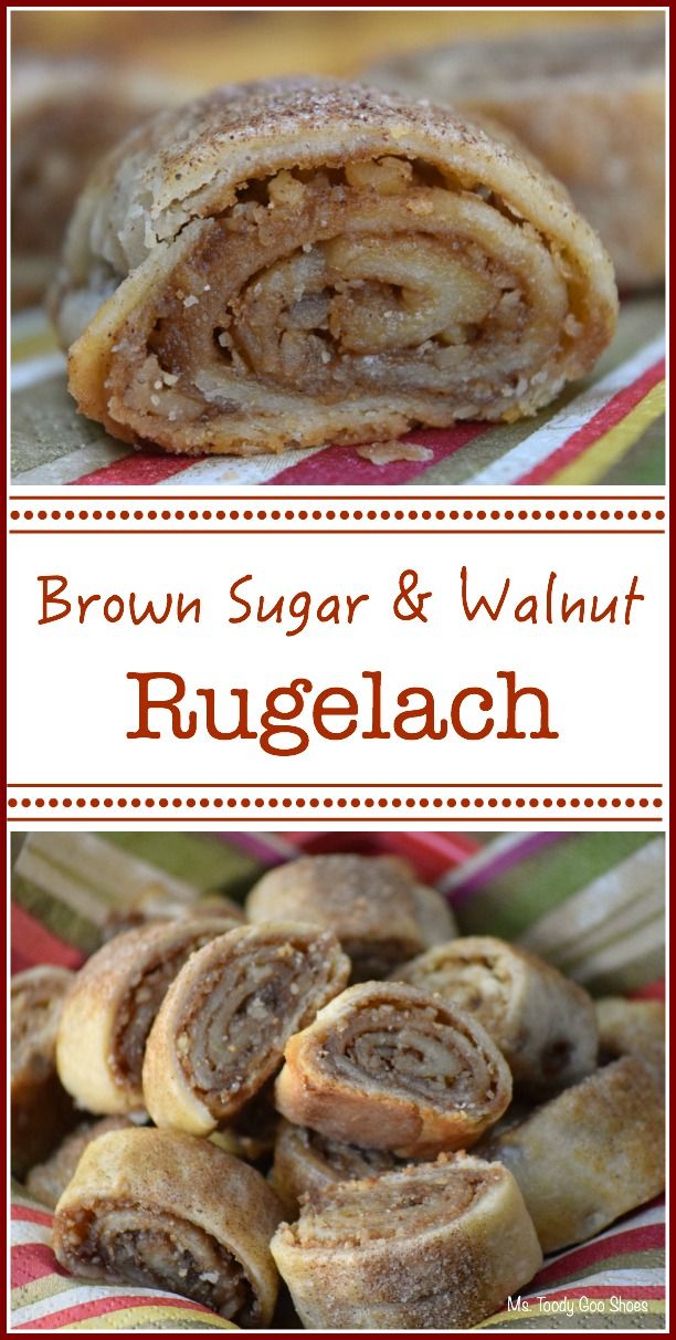 brown sugar and walnut rugelach is shown in three different pictures with the title above it