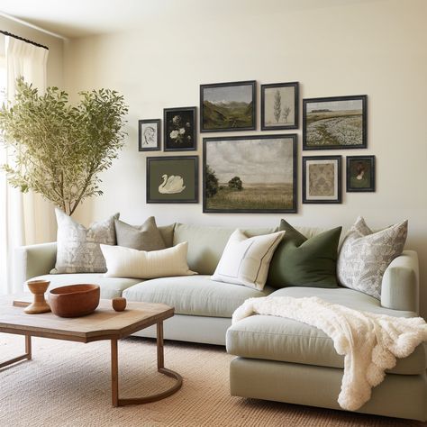 a living room filled with lots of furniture and pictures on the wall above it's coffee table