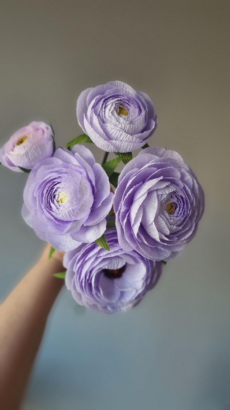 a hand holding a bunch of purple flowers