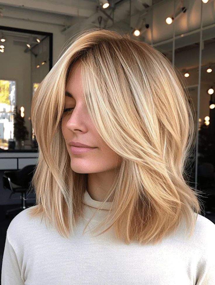 Center Part Mid Length Hair, Medium Hair With Textured Layers, Blonde Hair Lob Shoulder Length, One Length Shoulder Length Hair, Plus Size Lob Haircut, Blond Foilayage, Collarbone Bob Haircut, Haircut For Short Neck, Long Bob Haircuts Blonde