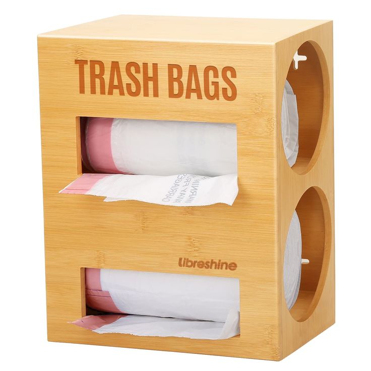 a wooden trash bag holder with two rolls of toilet paper in the top and bottom