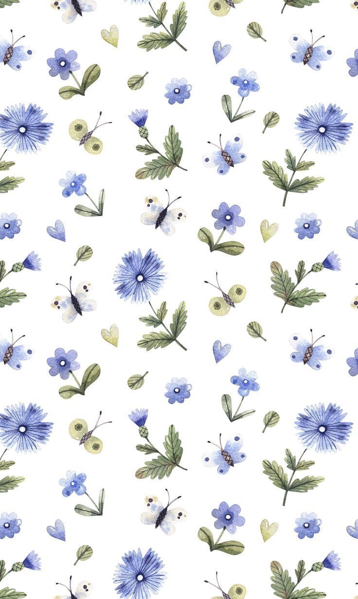 blue flowers and green leaves on a white background seamless wallpaper with watercolor effect